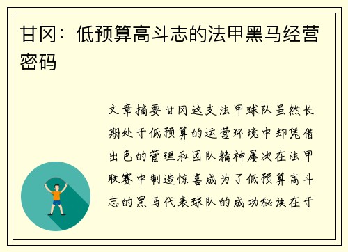 甘冈：低预算高斗志的法甲黑马经营密码