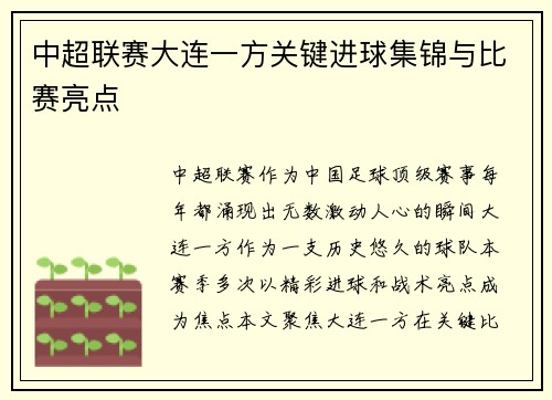 中超联赛大连一方关键进球集锦与比赛亮点