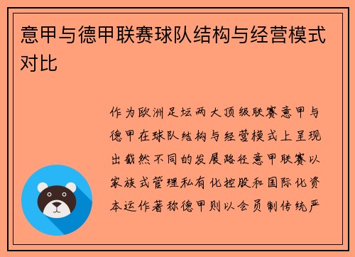意甲与德甲联赛球队结构与经营模式对比