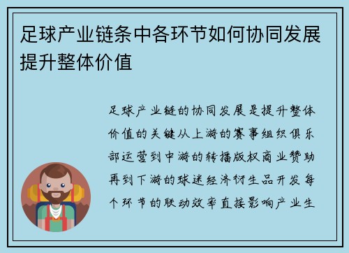 足球产业链条中各环节如何协同发展提升整体价值