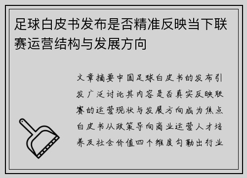 足球白皮书发布是否精准反映当下联赛运营结构与发展方向
